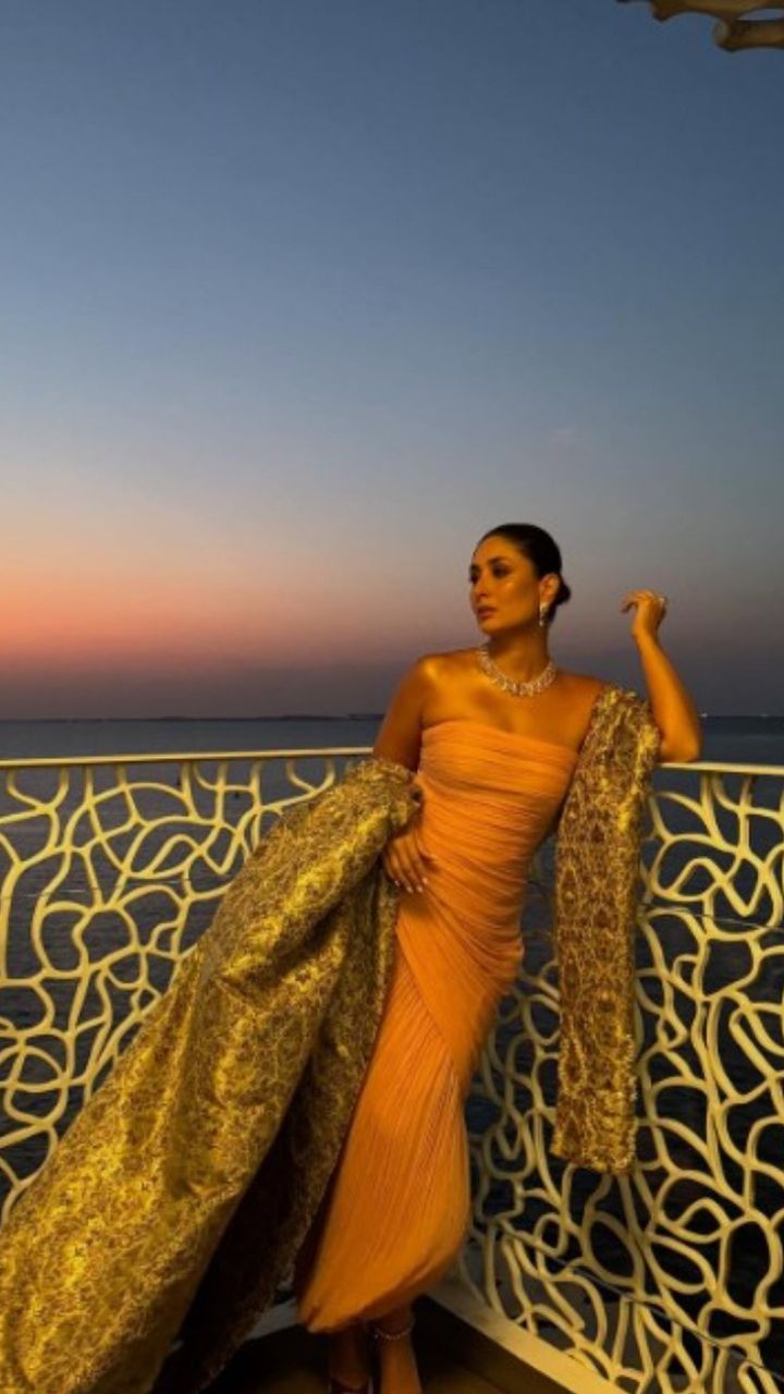 kareena kapoor in golden dress Kareena Kapoor dazzles in a thigh-slit golden embellished dress with a long jacket