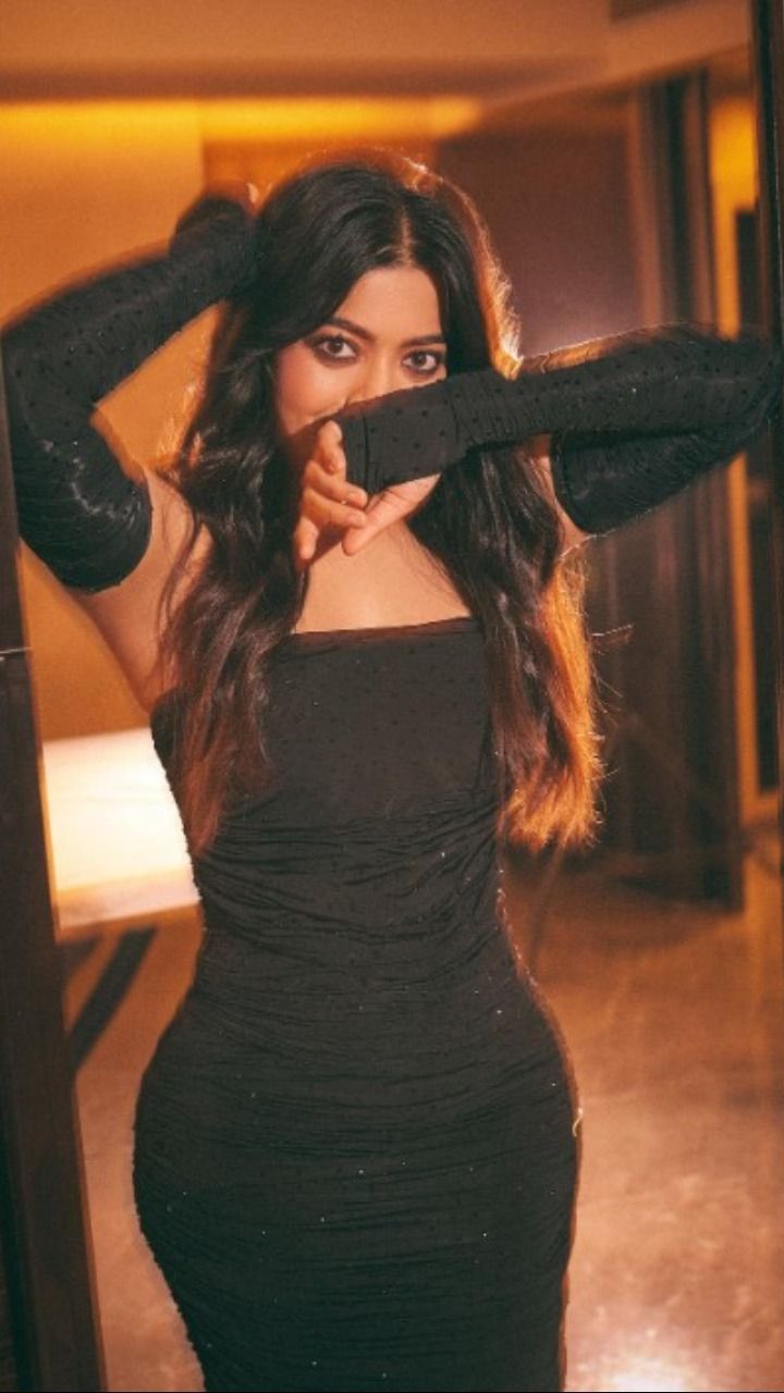 rashmika short dress Rashmika Mandanna's black lace mini dress with a flowing train wonderfully encapsulates red carpet fashion : Bollywood News