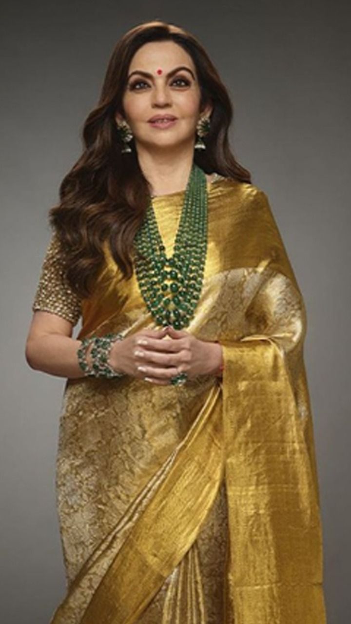 nita ambani gold dress Ambanis Saree For Anant Radhikas Wedding FallSale2022